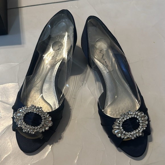 Nina Navy Blue Luster Jeweled Heels Womens 6.5 Satin Evening Formal - Picture 2 of 8
